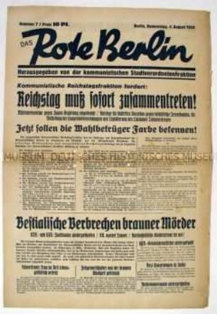 Kommunistische Wochenzeitung (?) "Das Rote Berlin" u.a. über Terroraktionen der SA gegen Kommunisten und Sozialdemokraten