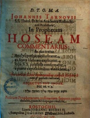 Johannis Tarnovii ... In Prophetam Hoseam Commentarius