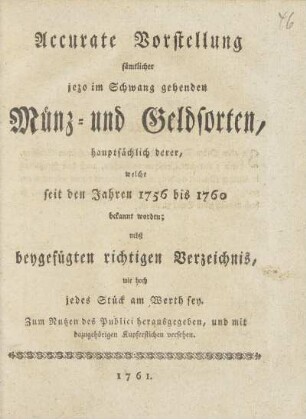 Accurate Vorstellung sämtlicher jezo im Schwang gehenden Münz- und Geldsorten, hauptsächlich derer, welche seit den Jahren 1756 bis 1760 bekannt worden