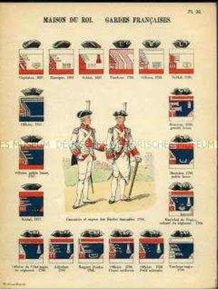 Uniformdarstellung, Kanonier und Sappeur der Gardes françaises, Detailstudien von Kopfbedeckungen und Abzeichen des Leibgarde-Infanterie-Regiments, Königreich Frankreich, 1697/1786.
