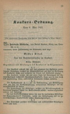 Konkurs-Ordnung. Vom 8. Mai 1855.