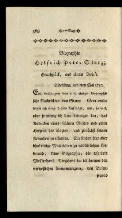Biographie Helfrich Peter Sturz; Bruchstück, aus einem Briefe