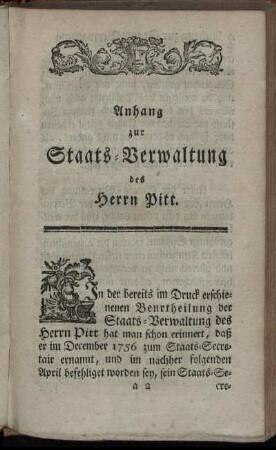 Anhang zur Staats-Verwaltung des Herrn Pitt.