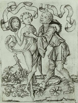 Narr und Weib : Meister E S (auch genannt "Meister von 1466"): Narr und Weib. Um 1440/1468. Kupferstich; 14,4 x 11,3 cm. Dresden: Kupferstich-Kabinett 1926-271