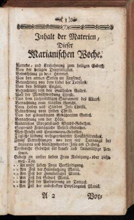 Inhalt der Materien, Dieser Marianischen Woche