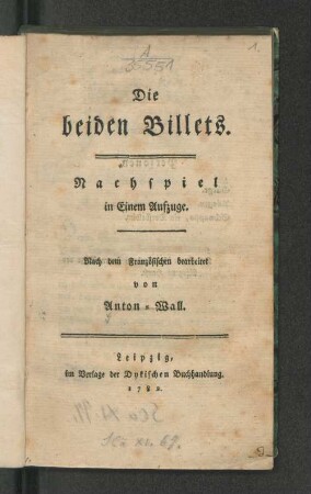 Die beiden Billets : Nachspiel in Einem Aufzuge