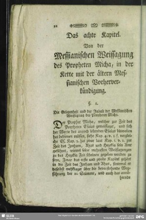 Das achte Kapitel. Von der Messianischen Weissagung des Propheten Micha, in der Kette mit der ältern Messianischen Vorherverkündigung