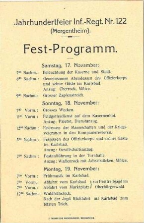 Festprogramm für die Jahrhundert-Feier des IR 122 in Bad Mergentheim