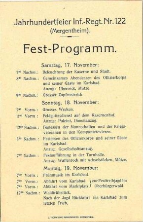 Festprogramm für die Jahrhundert-Feier des IR 122 in Bad Mergentheim
