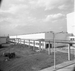 Eilenburg, Dübener Landstraße. VEB Betonwerk Laußig, Betriebsteil Betonwerk Eilenburg. Werksgelände. Blick gegen Werkhalle. Ansicht mit oberirdischer Fernwärmeleitung