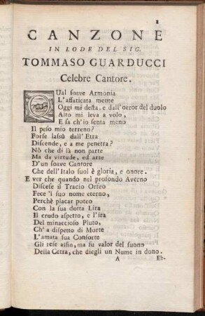 Canzone in Lode del Sig. Tommaso Guarducci Celebre Cantore.