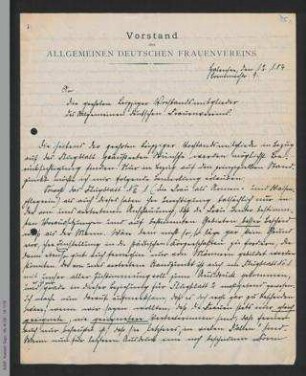 Brief von Helene Lange an die Leipziger Vorstandsmitglieder