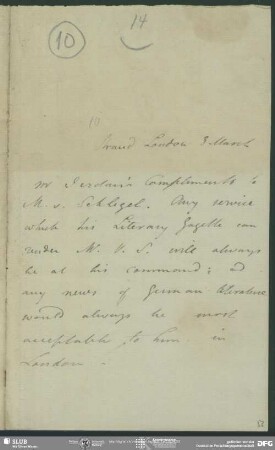 Eigenh. Brief von William Jerdan an August Wilhelm von Schlegel, London, 03.03.o.J.
