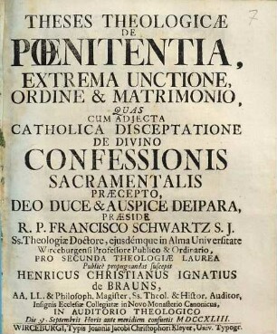 Theses Theologicae De Poenitentia, Extrema Unctione, Ordine & Matrimonio