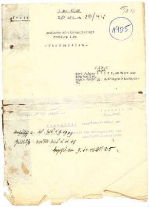 Angeklagter: Kratt, Karl Johann (Landwirt); Mönchweiler *16.11.1870 in Mönchweiler; + ? Delikt: Verbrechen gegen die Kriegswirtschaftsverordnung Tatort: Mönchweiler Tatzeit: September 1939-November 1943