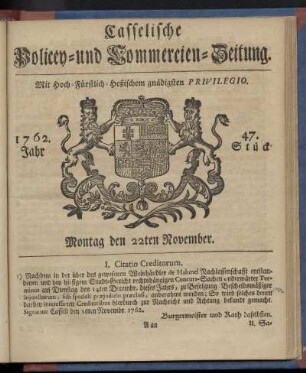 47. Stueck, Montag den 22ten November 1762