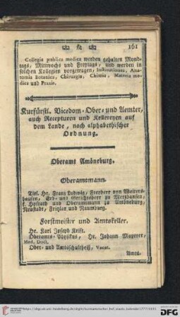 Kurfürstl. Vicedom - Ober - und Aemter, auch Recepturen und Kellereyen auf dem Lande