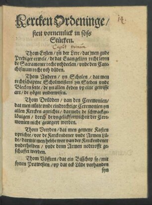 Kercken Ordeninge/ steit vornemlick in söss Stücken