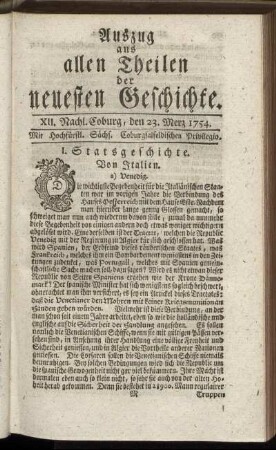 XII. Nachl. Coburg, den 23. Merz 1754.