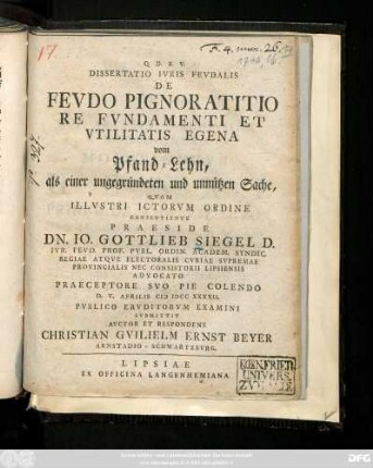 Dissertatio Ivris Fevdalis De Fevdo Pignoratitiore Fvndamenti Et Vtilitatis Egena