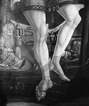 Flügelaltar : Flügelaltar. Tafelmalerei (1501/1515; Simon von Taisten). Flügel mit Heiligem Christopherus. Beine. Oberdrauburg-Zwickenberg, Pfarrkirche Sankt Leonhard