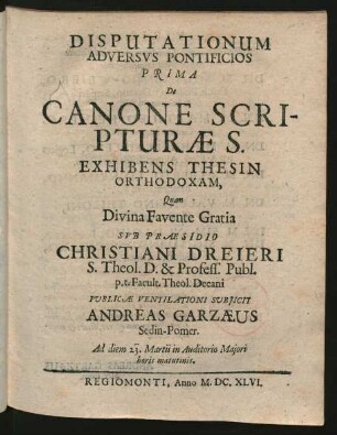 1: De Canone Scripturae S. : Exhibens Thesin Orthodoxam