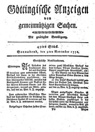 45tes Stück. Sonnabend, den 9ten November 1776.