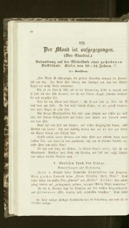 ¬Der¬ Mond ist aufgegangen : (von Claudius) ; Behandlung auf der Mittelstufe einer gehobenen Volksschule ; Kinder von 10 - 12 Jahren