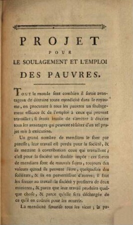 Projet pour le soulagement et lémploi des pauvres, léxtinction de la mendicité et du vagabondage