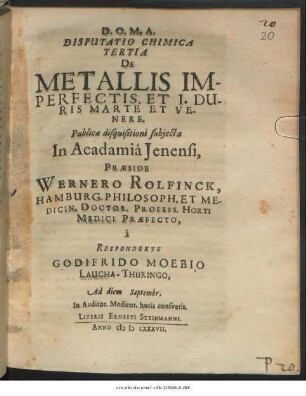 Disputatio Chimica Tertia De Metallis Imperfectis, Et I. Duris Marte Et Venere