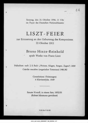 Liszt-Feier zur Erinnerung an den Geburtstag des Komponisten