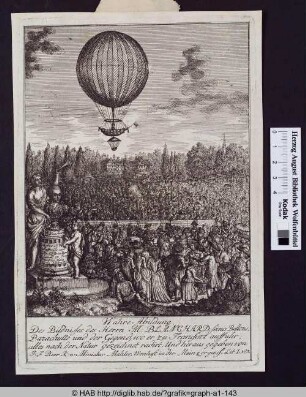 Wahre Abbildung, des Bildnisses des Herrn M. Blanchard, seines Ballons, Barachutte und der Gegend, wo er zu Francfurt auffuhr.
