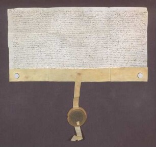 Hans Göller, Schultheiß, und genannte Mitglieder des Gerichts zu Östringen beurkunden eine Gültverschreibung des Seifried Göller über 20 Gulden gegenüber Wilhelm Rehm, Generalkollektor des Bistums Speyer.
