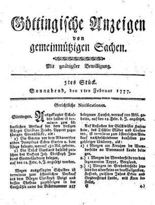 5tes Stück. Sonnabend, den 1ten Februar 1777.