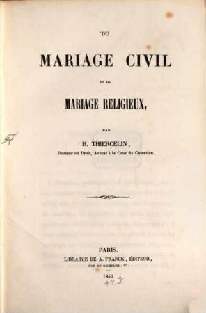 Du mariage civil et du mariage religieux
