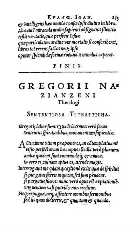 Gregorii Nazianzeni Theologi Sententiosa Tetrasticha.