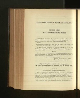 Legislazione Estera In Materia Di Emigrazione.