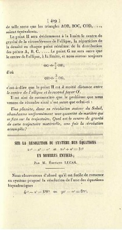 Sur la résolution du système des équations ... en nombres entiers.