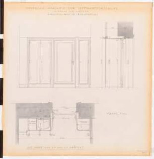 Preußischer Landtag, Berlin Umbau zum »Haus der Flieger«: Akademie für Luftfahrtforschung, Registratur Raum 17 (Tür und Wandgestaltung): Ansicht, Schnitte, Grundriss 1:10