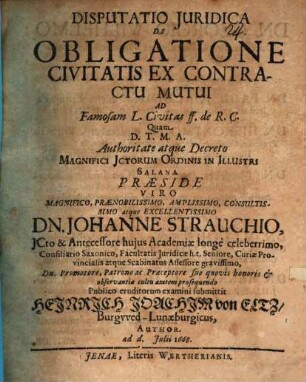 Disp. de obligatione civitatis ex contractu mutui : ad famosam l. civitas ff. de K. C.