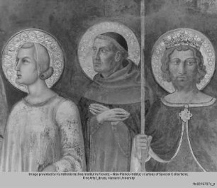 Maestà mit Heiligen, Stadtpatronen und Stifter : Die Heiligen Bartholus und Ludwig IX.
