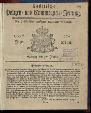27tes Stueck, Montag den 3ten Julius 1797