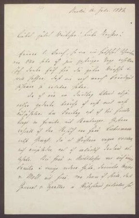 Schreiben von Moritz Ellstätter, Berlin, an seine Frau Marie: - Diner bei Friedbergs (zusammen mit [Ludwig] Bamberger) - Empfang des Ehepaars Liebermann - Diner bei Frau von Richthofen (zusammen mit [Erwin] von Mohl u. a.) - Gesundheitszustand Karl Turbans - Besuche bei Gladbeck, Dr. [Johanna] Veit - Privates