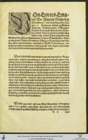 Ordnung vnd Edict Des Herrn Johann/ Bischoffen zu Straszburg/ vnd Landtgrauen zu Elsas/ [et]c.