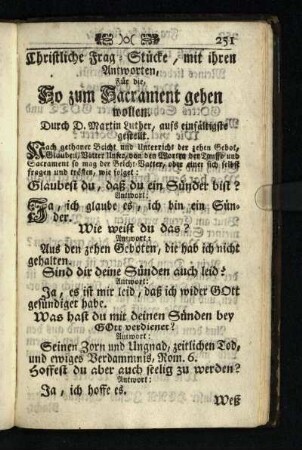 Christliche Frag-Stuecke, mit ihren Antworten, Fuer die So zum Sacrament gehen wollen