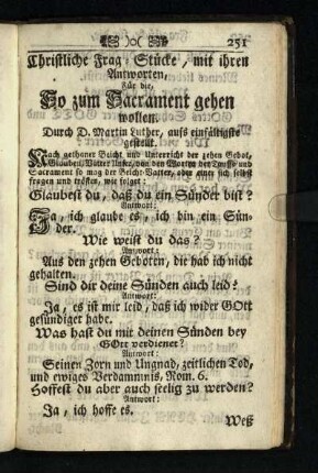 Christliche Frag-Stuecke, mit ihren Antworten, Fuer die So zum Sacrament gehen wollen