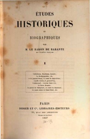 Etudes historiques et biographiques. 1
