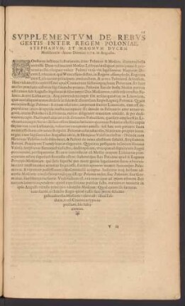 Supplementum De Rebus Gestos Inter Regem Poloniae, Stephanum, Et Magnum Ducem Moschoviae: Anno Domini 1579. in Augusto.