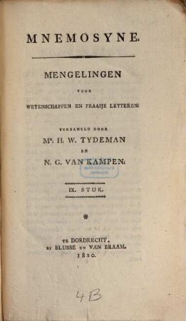Mnemosyne : mengelingen voor geschied- en letterkunde. 9. 1820