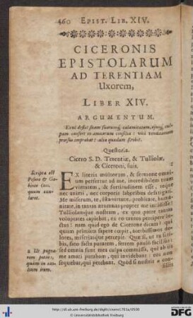 Ciceronis Epistolarum Ad Terentiam Uxorem, Liber XIV.